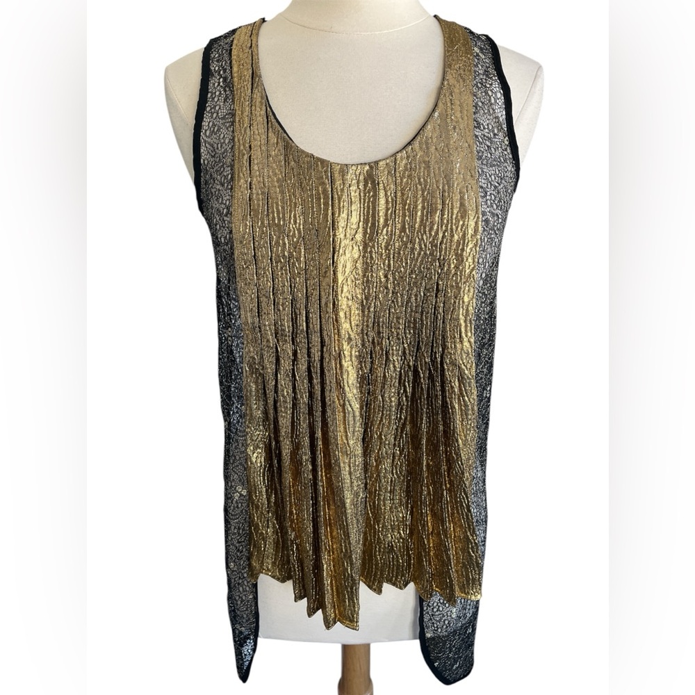 Arden B Asymmetrical Pleated Gold metallic and Black Lace Tank Top Size Medium